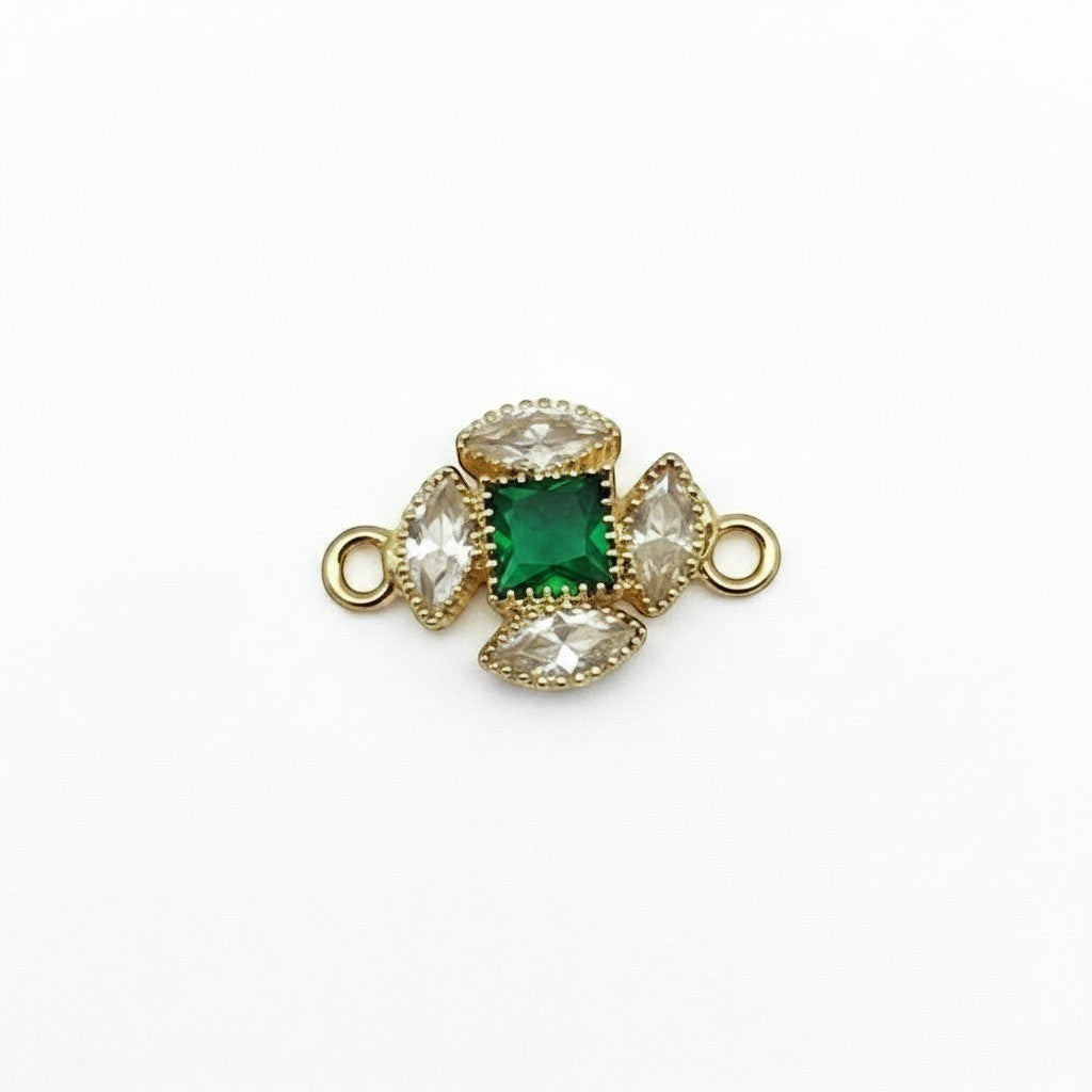 Akash Art Jewellers gold-tone connector charm with central green square crystal and clear marquise crystals.