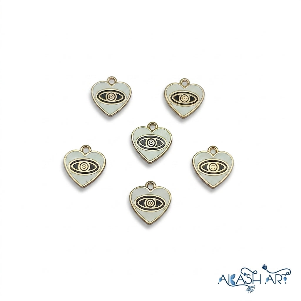 Evil Eye Heart Charm - Gold & White Enamel Jewelry Component