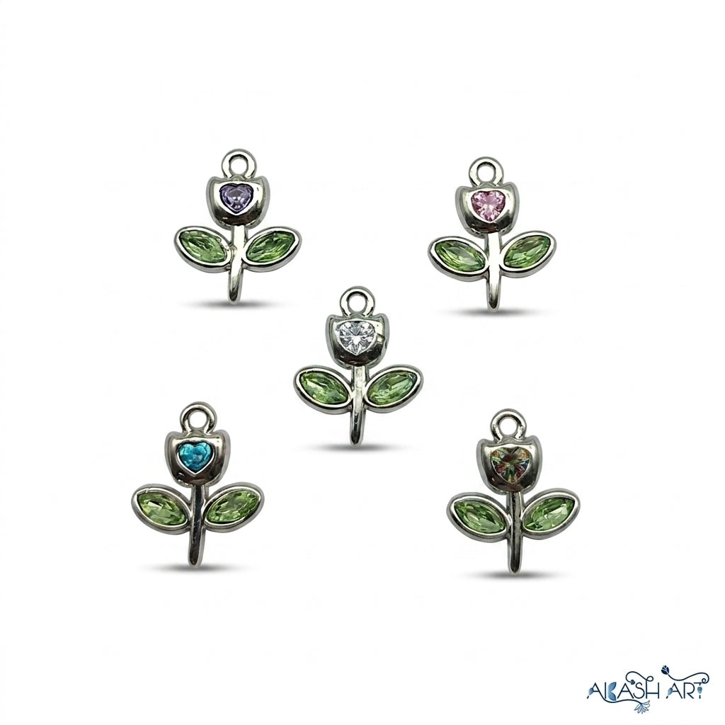 Flower Heart Charm with Green Leaves