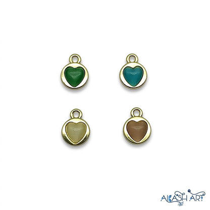 Akash Art Jewellers gold-plated enamel heart charms in green, teal, beige, and brown. Tiny love pendants with integrated loops for jewelry making.