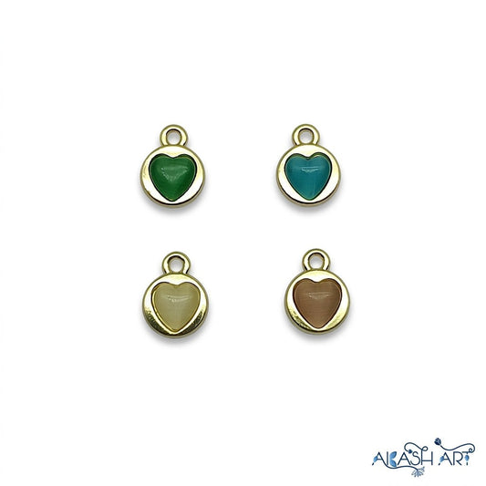 Akash Art Jewellers gold-plated enamel heart charms in green, teal, beige, and brown. Tiny love pendants with integrated loops for jewelry making.