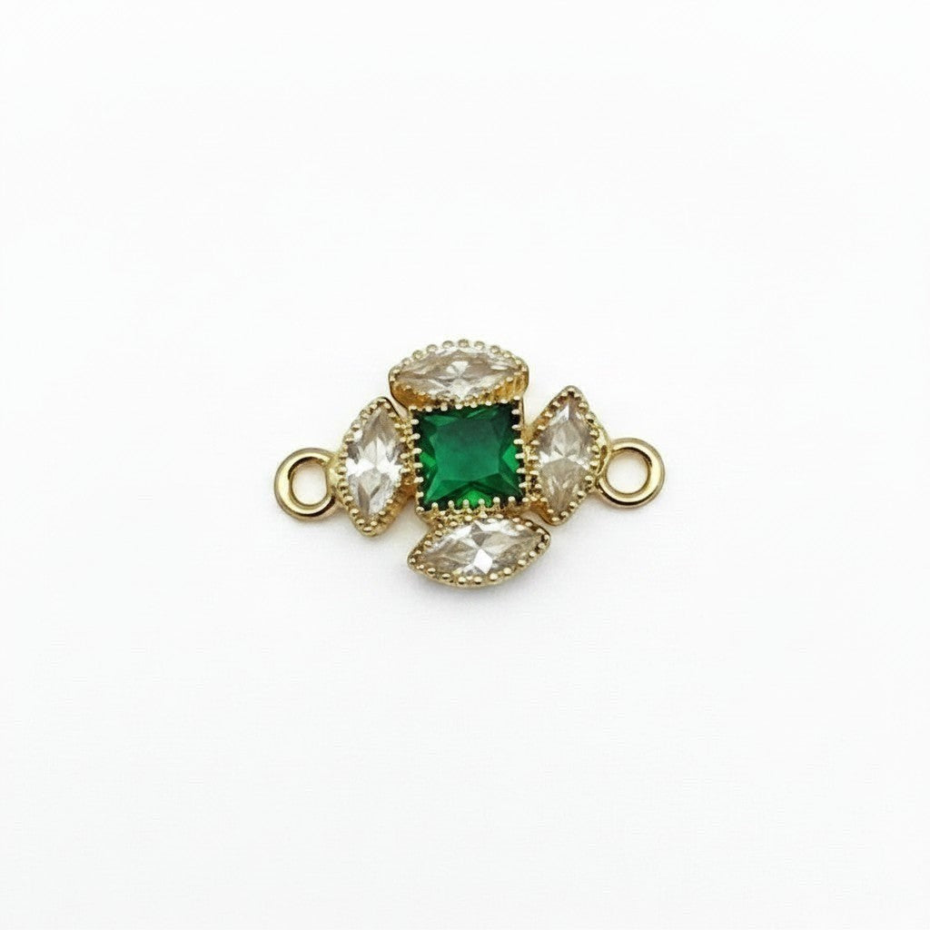 Akash Art Jewellers gold-tone alloy connector charm with central square green crystal and surrounding clear marquise crystals.