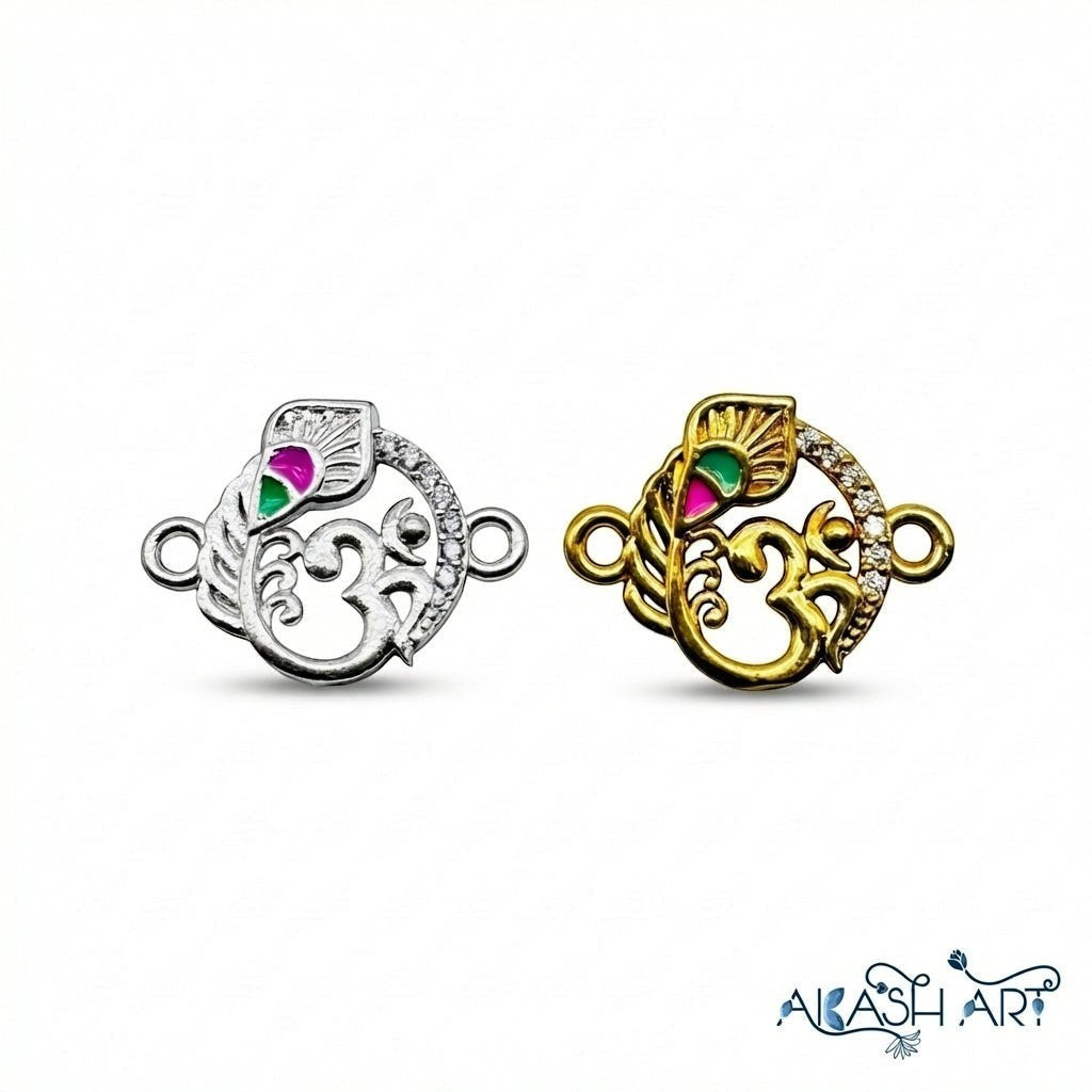 Akash Art Jewellers Om symbol with peacock feather charm in gold and silver finishes, adorned with crystals.