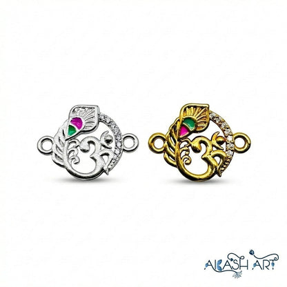 Akash Art Jewellers Om symbol with peacock feather charm in gold and silver finishes, adorned with crystals.