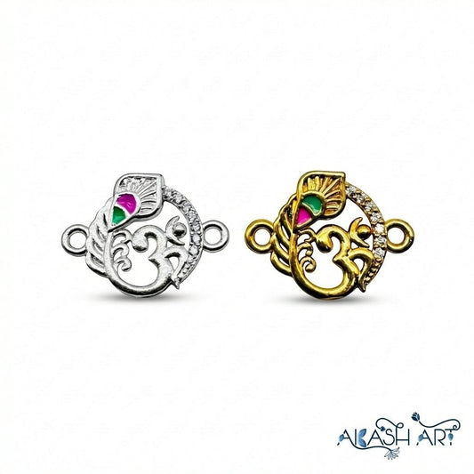 Akash Art Jewellers Om symbol with peacock feather charm in gold and silver finishes, adorned with crystals.