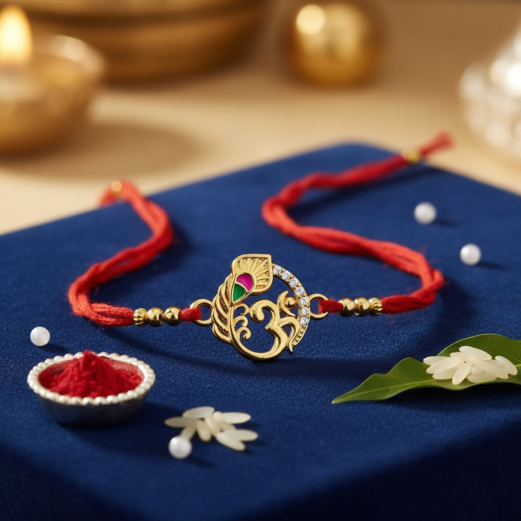 Akash Art Jewellers Om symbol charm with peacock feather design, gold and silver finishes, adorned with crystals.
