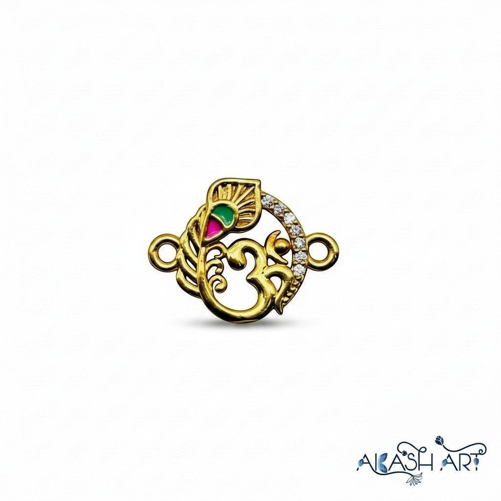 Akash Art Jewellers gold and silver Om symbol peacock feather charm with rhinestones and enamel.