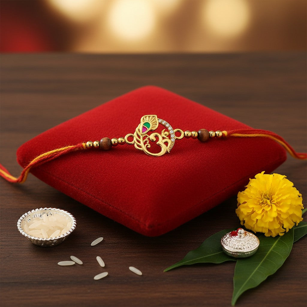 Akash Art Jewellers gold Om symbol charm with peacock feather, crystals, and enamel detailing. Ideal for Rakhi.