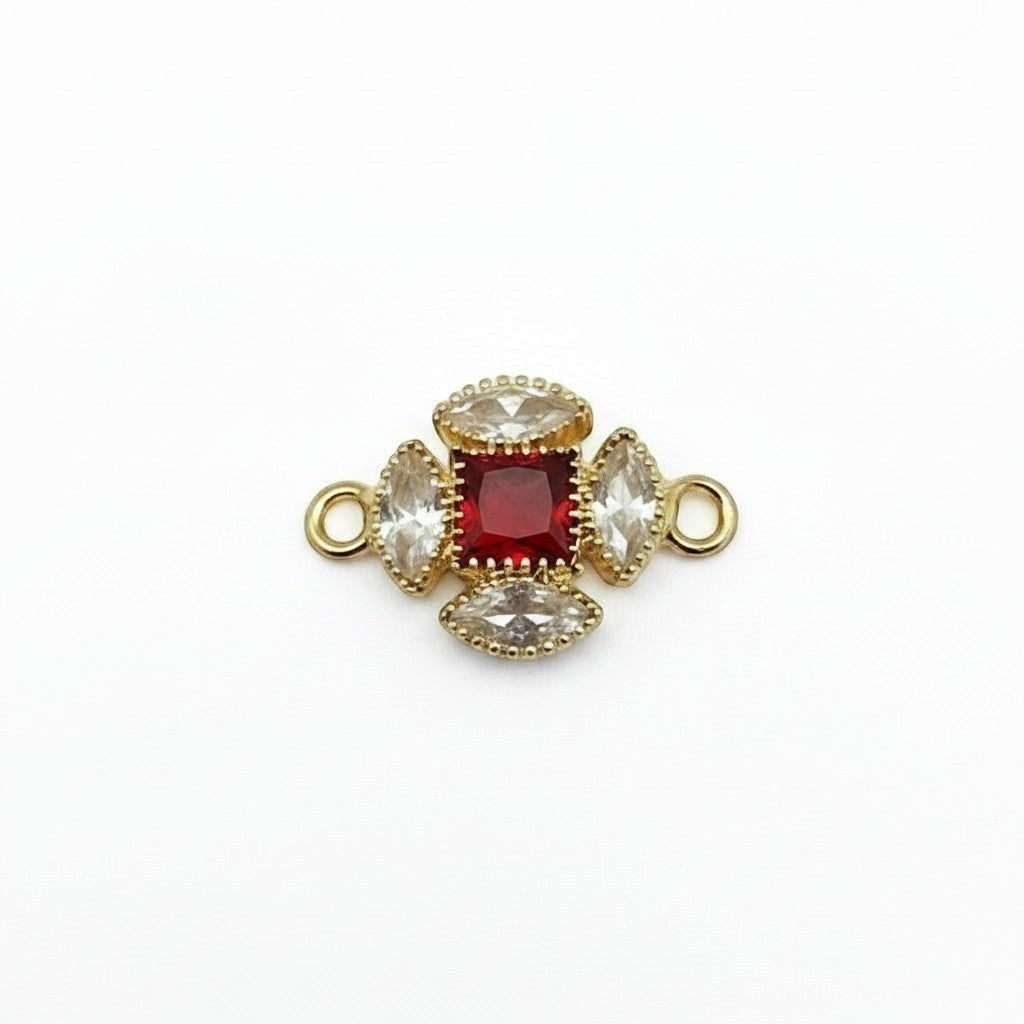Akash Art Jewellers gold-tone alloy connector charm with central red square-cut crystal and surrounding clear marquise crystals.