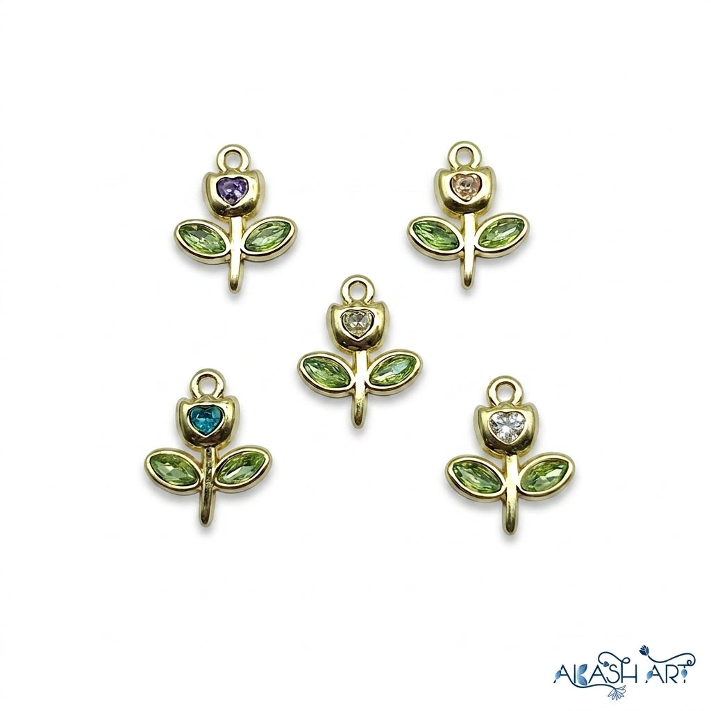 Gold-Plated Flower Charm with Heart Crystal