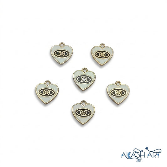 Evil Eye Heart Charm - Gold & White Enamel Jewelry Component