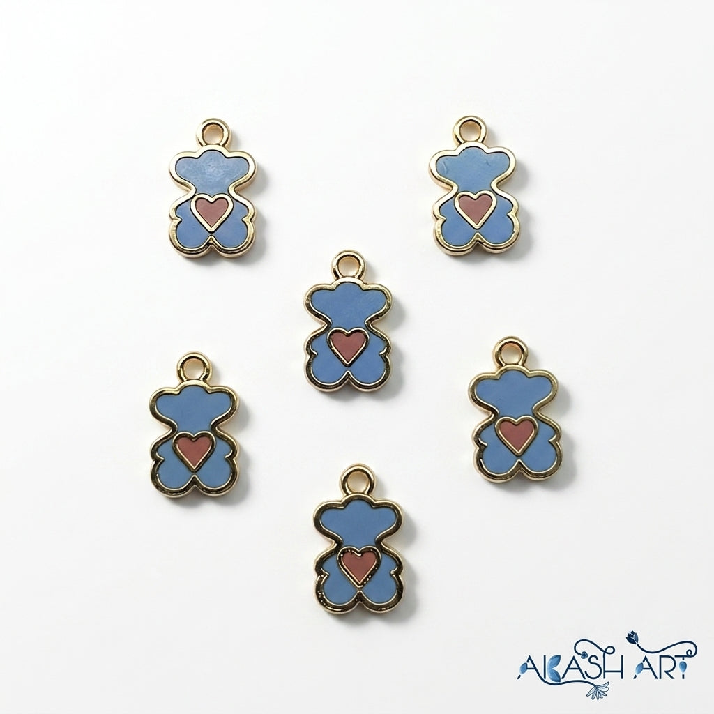 Blue Enamel Bear Charm with Pink Heart - Gold Tone DIY Jewelry Component
