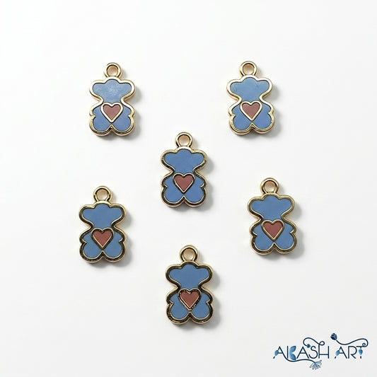 Blue Enamel Bear Charm with Pink Heart - Gold Tone DIY Jewelry Component