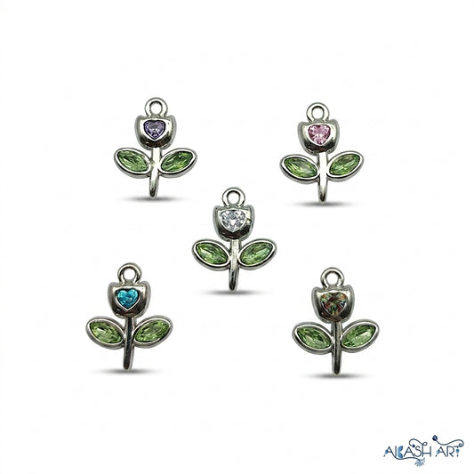 Flower Heart Charm with Green Leaves 